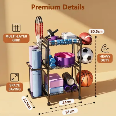 SJorage Basketball Storage Rack 3 Tier Heavy Duty Ball Organizer with Mesh Baskets Hook Anti Rust Stable Base for Gym Home