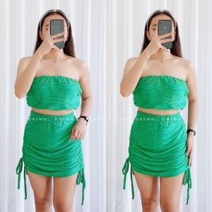 DNEMNLPH Petunia Tube & Ruched Skirt Set - Textured Summer Basic Plain Garter Stretch Self Tie Beach Outfit