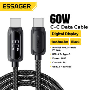 Essager PD100W 60W C-C Cables LED Digital Display Super Fast Charging Type C Cable For Tablet Laptop Mobile Phone Quick Charge LED Digital Display Type-C Cable For iPhone16 15 HUAWEI Mate 60 Xiaomi Samsung Honor C-C Wire