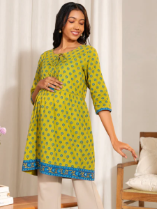 [Ready SG Stock - Size M L XL 2XL 3XL ] Womens Maternity-Wear Green Cotton Printed A-Line Top \Tunic \ Blouse - Indian Dresses