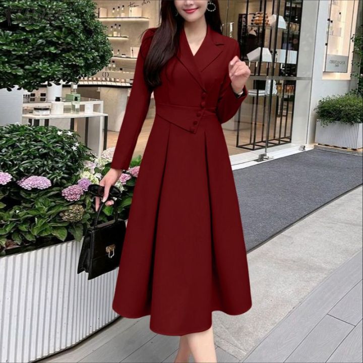 korean formal dress style ZANZEA Women Office Lapel Long Sleeve Dresses Collect Waist A-Line Solid Color Midi #1110 gf-146