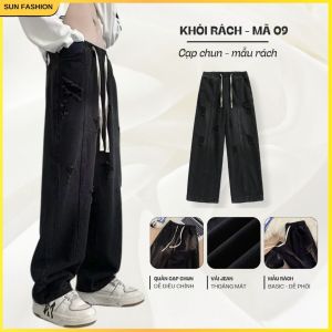 Quần jean quần bò nam nữ ống rộng SUN 09 Màu Xanh thiết kế cạp chun dễ phối đồ phong cách hàn quốc