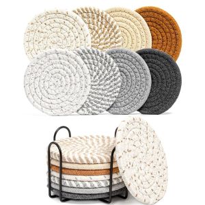 GOXBERK 8/10 Pcs Tròn Đế lót ly đồ uống Bện Dây cotton Bộ Tấm lót đĩa ăn tối Hiện đại giữa thế kỷ Thủ công Tấm lót đĩa dệt ba chân Trang trại