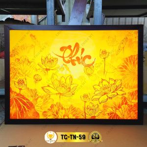 Đèn Hào Quang Trúc Chỉ In Combo Bộ Đôi - Tranh Ngang Hoa Sen Chữ Phúc Trang Trí Bàn Thờ Phòng Thờ CDN-01-59