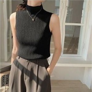 Áo đan phong cách mới với áo vest sát nách nửa cổ cao ôm dáng thanh mảnh đáy màu trơn dáng ôm đầu kiểu mùa xuân và mùa thu