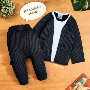 Setelan Baju Anak Bayi Laki-Laki Model Outer Nyatu Dengan Kaos dan Celana Panjang Motif Kemeja Edward