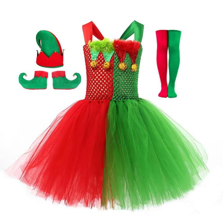 Christmas Elf Costume Elf Dress with Hat Shoes Stockings Child