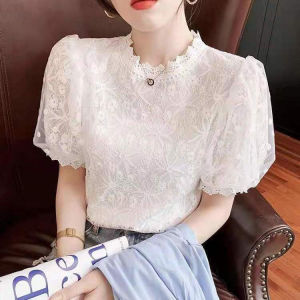 Modern Filipiniana Top Casual Plain Eyelet Embroidery Pearl Buckle Contrast Lace Blousesfor Women plus size cotton formal casual (White)