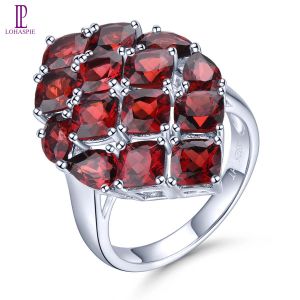 Lohaspie Jewelry Genuine 9.12 Carats Ring Silver 925 Original Natural Garnet Sterling Silver Rings Women Wedding Engagement Natural Gemstone Jewelry Design Classic Style
