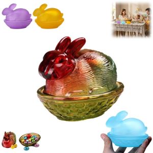 MAJESTICX Hình con thỏ Đĩa kẹo thủy tinh có nắp Thỏ Phục Sinh Bát kẹo Dễ thương Đầy màu sắc Bể chứa dành cho trang trí bàn làm việc tại nhà và văn phòng