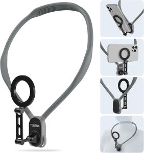 TELESIN Magnetic Phone Neck Mount Neck Phone Holder POV/Vlog Selfie Mount Hand Free Phone Neck Holder Chest Stand Strap Video Recording for iPhone Series Android Phones (Gray (Max Size))