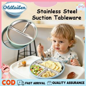 Oldlaiben Food Grade Kids 3-Compartment Plate Silicone Suction Cup Drop-Resistant & Removable Silicone Sleeve