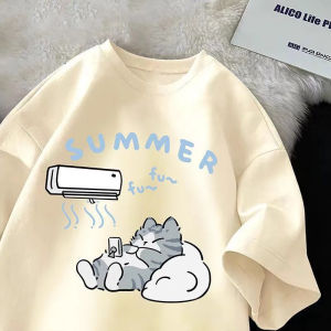 [Local Stock] HBESTY  New Cute Cat Fun Print Short Sleeve T-shirt Womens Mens Summer Loose Casual Half Sleeve Soft Bottom Plus Size Shirt Top