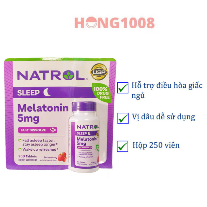 Viên kẹo ngậm Natrol Melatonin 5mg 250 viên Giúp Ngủ Sâu Giấc vị dâu - Shop Hong1008