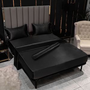 Dansunreve 4in1 Ice Silk Bedsheet Set Cool Fittedsheet + Pillowcase + Bolster Case Plain Single Queen King Bed Sheet Sets