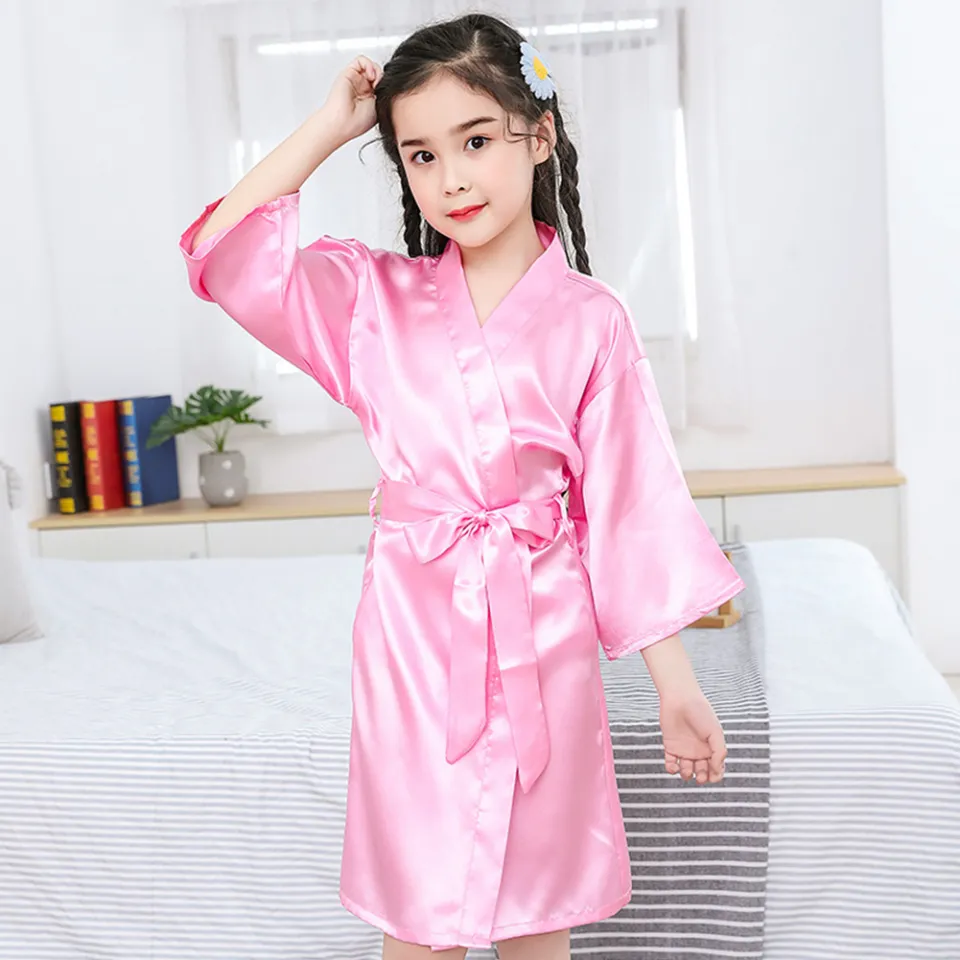 Summer Girls Silk Robe Solid Color Children Pajamas Kids Soft
