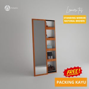 Kaca Lemari Tas Standing Mirror aestetic Natural brown- Lemari Tas Kaca Pintu Geser Dengan Lampu LED