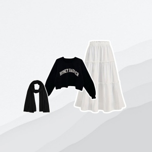 3in1 One Set ( Sweater Crop Wanita Rok Susun Basic  Jilbab Kekinian ) - KA084