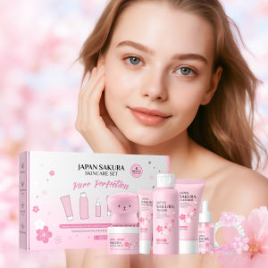 LAIKOU Sakura 8-Pc Skincare Set - Vitamin C Brightening Set for Glass Skin Hydrating & Anti-Acne | With Free Hair Clip