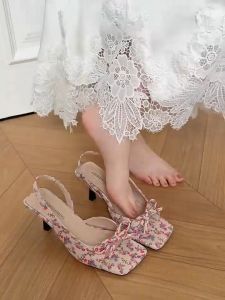 Black Elegant Side Cutout Open-Toe French Retro Bow Square-Toe Thin Stiletto Sandals for Women A12