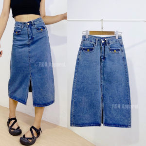 RDA Apparel. (S-2XL) กระโปรงยีนส์ เอวสูง งานนำเข้า ดีเทลผ่าหน้า ผ้าไม่ยืดแต่งกระเป๋า สียีนส์ฟอกสนิม ยาว 30 นิ้ว
