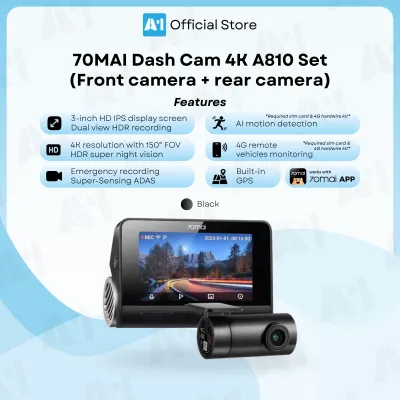 70mai Dash Cam A810 4K UHD Resolution Wide Viewing Angle Built-In GPS Super-Sensing ADAS System AI Motion Detection Clear Night Vision