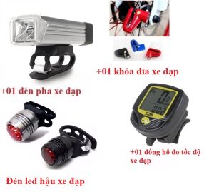 Khóa đĩa Chống Trộm Xe Đạp+ Đèn pha siêu sáng + Đồng hồ xe đạp không dây Tặng Đèn led hậu xe đạp