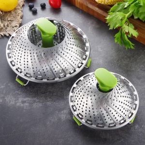 ตะแกรงนึ่งสแตนเลสตะกร้านึ่งผักแบบพับได้ใส่นึ่งสำหรับใส่ผักปลาอาหารทะเลตะกร้าเครื่องครัวอเนกประสงค์