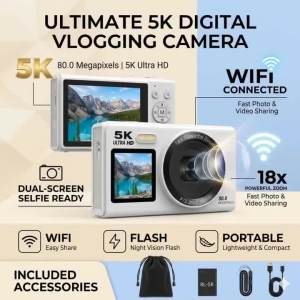 5K Dual Screen Digital Camera 80MP Retro CCD Photographic Cameras 8000W Pixel Auto Focus with 18x Zoom for Kid Photography