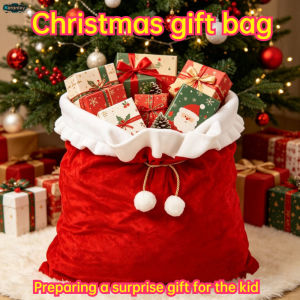 Christmas Drawstring Backpack with Plush Trim and Pom-poms Perfect for Candy and Party Decorations