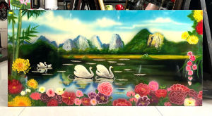Tranh sơn mài phong cảnh đôi thiên nga size 60x120 cm
