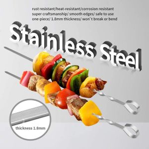 10个烧烤签BBQ工具烧烤针 10Pcs Stainless Steel Long BBQ Barbecue Skewers Flat Metal Kebob Sticks Wide Reusable Grilling Skewers for Meat Chicken