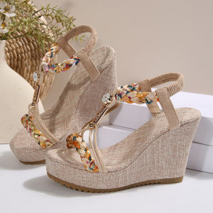 Bohemian Sandals Womens Summer Korean Version New Wedge Platform Soles Rhinestone Sandals Plus Size Women