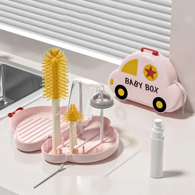 6 in 1 Baby Bottle Cleaner Set 360° Cleaning Bottle Brush/Bottle Drying Racks/Nipple Brush/ Straw brush/Storage Box
