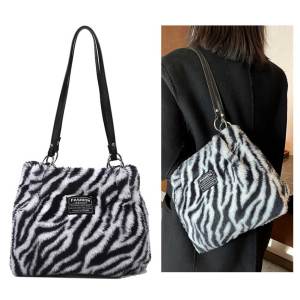 กระเป๋าขนฟูกระเป๋าสะพายไหล่ลุคสบายกระเป๋ากระเป๋าหนังสือม้าลาย/วัวกระเป๋าสตางค์แบบมีสไตล์ผู้หญิงกระเป๋ามือจับด้านบนกระเป๋าถือโท้ทน่ารักลายม้าลาย/วัว