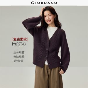 Giordano Beau Monde Women V-neck raglan sleeve cable knit cardigan Free Shipping 13356607