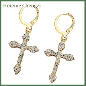 Hmeme New Rhinestone Zircon Cross Pendant Earrings For Women Korean Fashion Drop Hoop Earrings Birthday Party Jewelry Gifts
