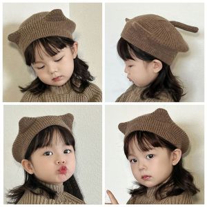 SNSDOJ Màu trơn Mũ beret cho bé 1-6y Phong cách Hàn Quốc Mũ em bé tai mèo Dễ thương Thu Đông Mũ họa sĩ bé trai bé gái Trẻ em