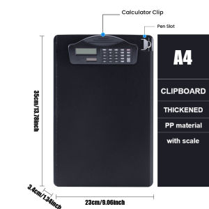 Black Clip Board with Scientific Calculator A4 Clipboard with Pen Slot Hard Writing Board File Folder Organizer Solar Charging