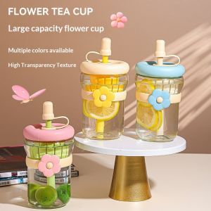 Rosy Recess Cute Floral Glass Water Bottle with Straw and Dust Cap Portable Filter Design for Office & Outdoor Use