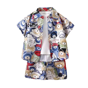 [🚚จัดส่งจากกรุงเทพฯ] ชุดเสื้อเชิ้ตแขนสั้นสำหรับเด็กอายุ 3-10 ปี การ์ตูนสัตว์พิมพ์ชุดกางเกงขาสั้นเสื้อสูทสำหรับเด็กชาย