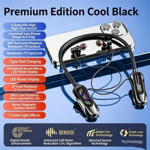 Black Skin Color Neck-mounted Wireless Bluetooth Headphones Noise-reducing Headset with Card Slot Digital Display on Screen Earphones