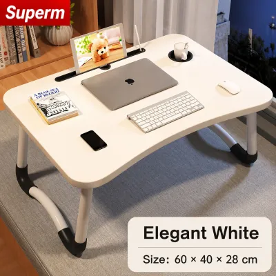 Portable Folding Bed Table 60x40x28cm Laptop Desk with Cup Holder & Device Slot for Bed Sofa Floor Study Work