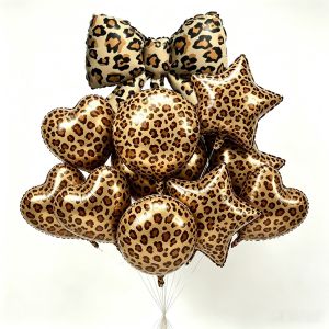10pcs leopard print foil balloon set with leopard bow round balloons hearts and star-shaped foil balloons perfect for vintage wild style outdoor picnic parties girl gang birthday parties and party balloon decorations.
