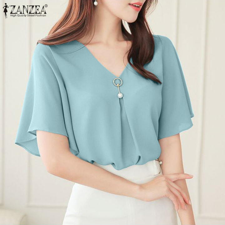 ZANZEA Womens Flare Short Sleeve V-Neck T-Shirt Ladies Baggy Plain