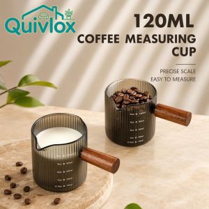 Quivlox Coffee Measuring Cup High Borosilicate Glass With Scale Wooden Handle Single Double Mouth Espresso Shot Milk Mug For Kitchen Baking