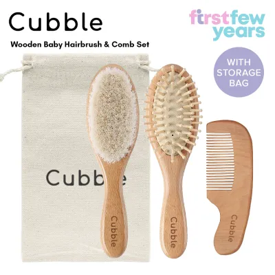Cubble Natural Goat Wool Wooden Baby Hair Brush and Comb Set (3pcs)