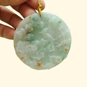 Crafted with Flowers and Birds on Light Green Hue with Green and Golden Yellow Patches Natural Type A Jadeite Jade as Pendant certificate weighs 39.24 grams measurement 56.3 * 56.3 * 7.2 mm (pendant307)