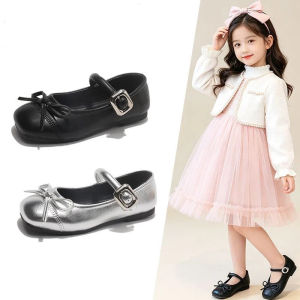 Little kids Girls Bow Mary Jane Princess Shoes Soft-soled Lightweight Comfortable Fashion Non-slip Black Round-toe Platform Leather Shoes for School Ballet Flats Shoes