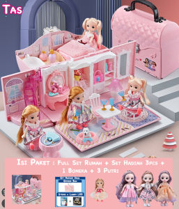 LNR Shop Girls Play House Princess Barbie Doll Model Handbag dan Bus Travel 4 Boneka dengan Lampu LED Full Set Aksesoris Kamar Tidur Ruang Tamu Lemari Bathup Cermin Kaca Tas Baju Gelas Free Goodie Bag Mainan Rumahan Rumahan Anak Perempuan